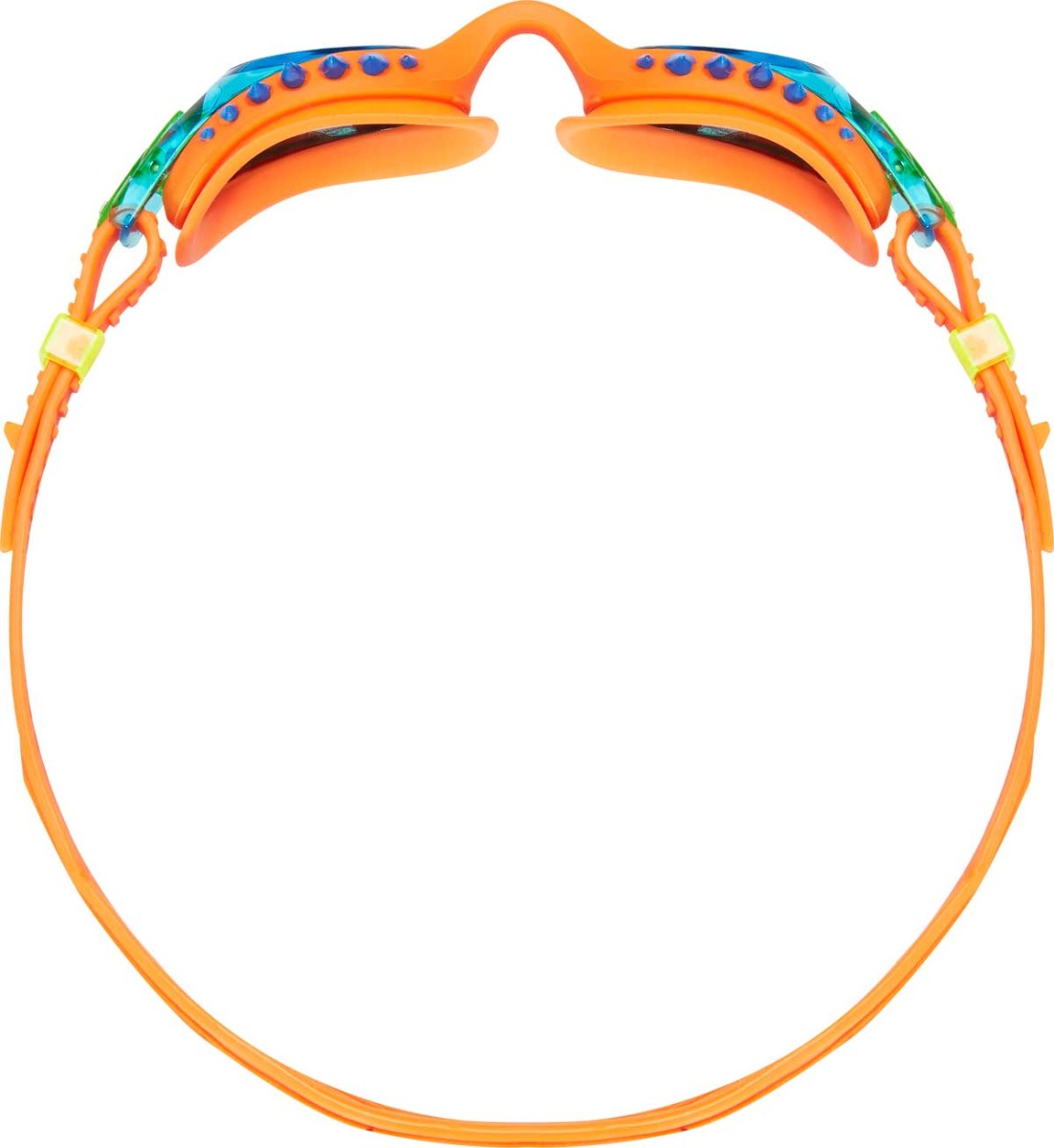 TYR Swimple Spikes Youth Swim Goggles - A pair of orange swim goggles with blue spikes on the strap and a green logo on the side.
