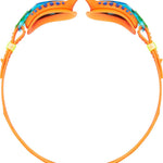 TYR Swimple Spikes Youth Swim Goggles - A pair of orange swim goggles with blue spikes on the strap and a green logo on the side.