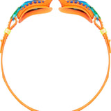 TYR Swimple Spikes Youth Swim Goggles - A pair of orange swim goggles with blue spikes on the strap and a green logo on the side.