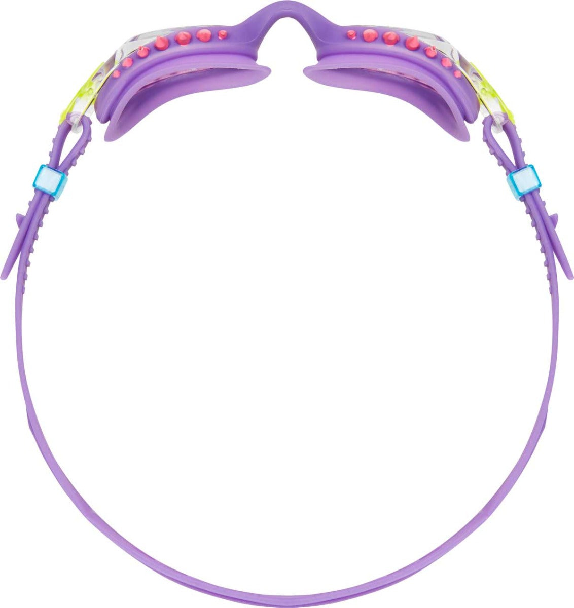 TYR Swimple Spikes Youth Swim Goggles - A pair of purple swim goggles with pink spikes on the strap and clear lenses.