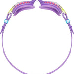 TYR Swimple Spikes Youth Swim Goggles - A pair of purple swim goggles with pink spikes on the strap and clear lenses.