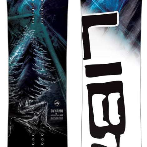 Lib Tech - Dynamo Snowboard 2024 is shown from a top-down perspective, featuring a black background with blue and white streaks.