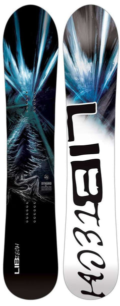 Lib Tech - Dynamo Snowboard 2024 is shown from a top-down perspective, featuring a black background with blue and white streaks.