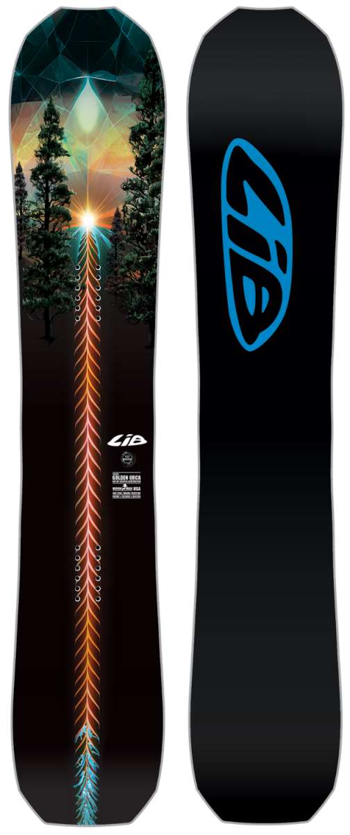 Lib Tech Golden Orca Snowboard 2025 - A black snowboard with a blue logo and a forest scene on top.