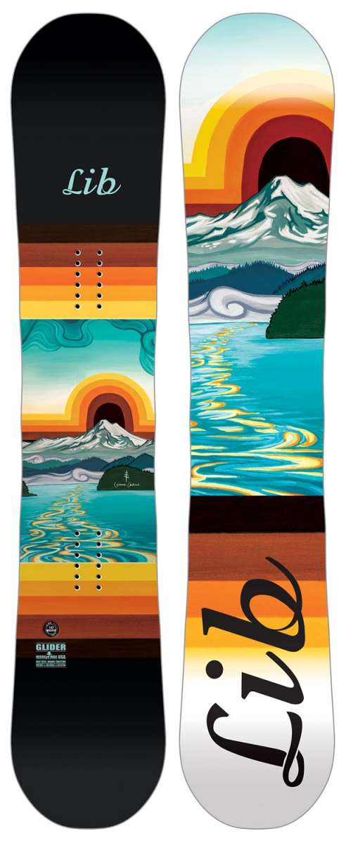 Lib Tech Women's Glider Snowboard 2024 - A snowboard with a colorful design featuring a mountain and sun in shades of orange, yellow, blue, green, white, and black.