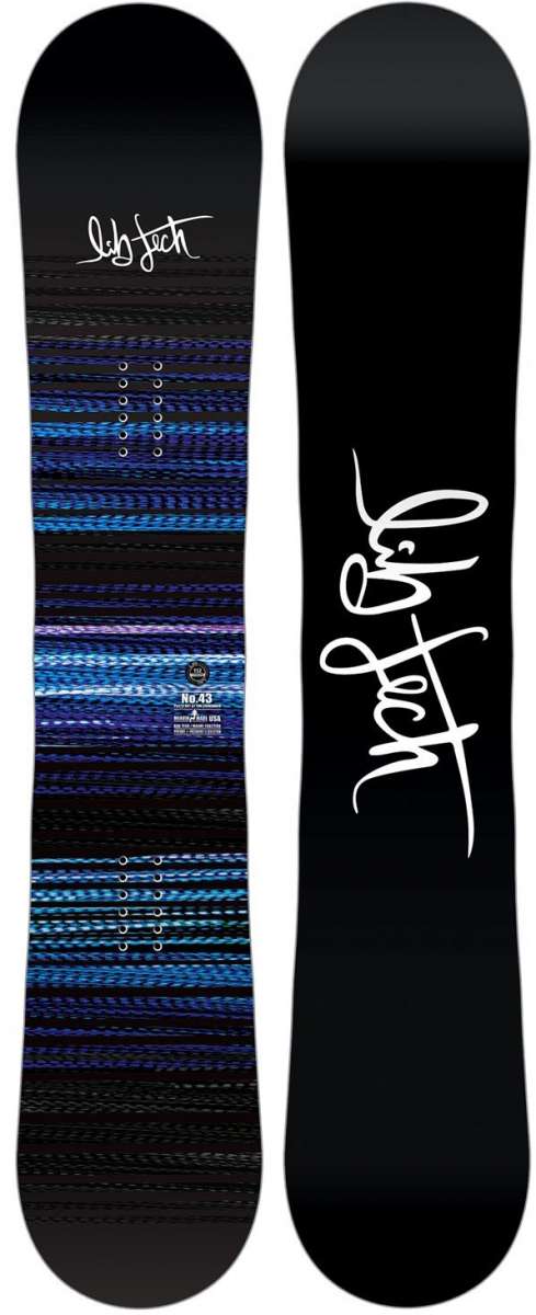 Lib Tech Women's No 43 C2 Snowboard 2024 - A black snowboard with blue and purple stripes on top of a white background.