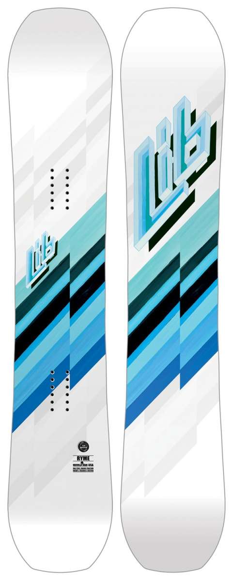Lib Tech Women's Ryme Snowboard 2024 - White snowboard with blue and black stripes on top.