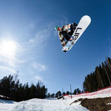 Lib Tech Skate Banana Snowboard 2024 B-Grade - A blue and white snowboard with a banana-shaped design, featuring black lettering that reads "Skate Banana" on its underside.