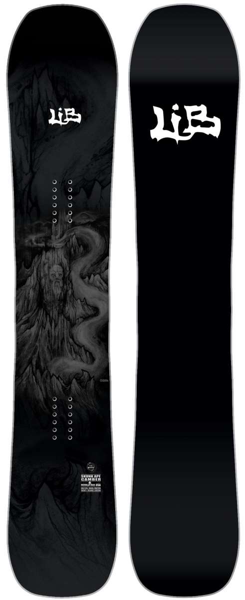 Lib Tech Skunk Ape Camber Snowboard - Black snowboard with white logo and lettering on top of a rocky mountainous landscape.