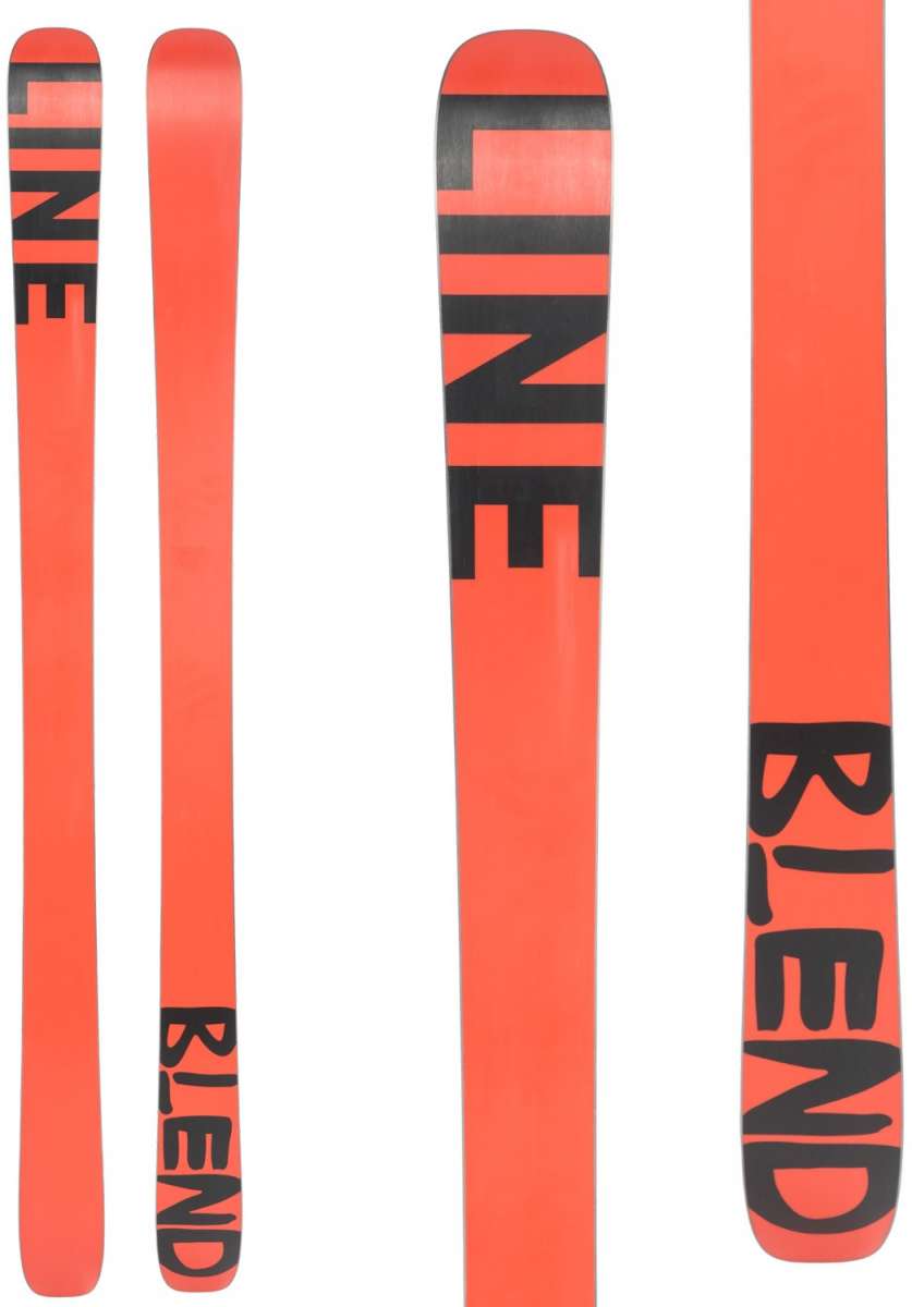 Line Blend Skis 2024 - A pair of skis with a coral-colored base and black lettering that reads "LINE" on top, featuring a geometric pattern in the same color scheme.