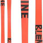 Line Blend Skis 2024 - A pair of skis with a coral-colored base and black lettering that reads "LINE" on top, featuring a geometric pattern in the same color scheme.