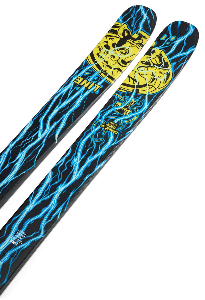 Line Chronic 101 Skis 2024 - Black skis with blue lightning bolt pattern and yellow logo on top.