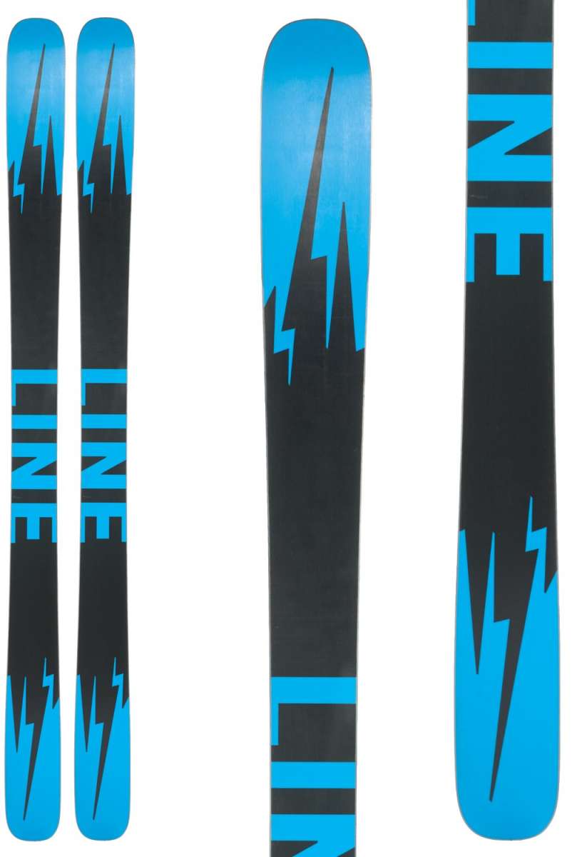Line Chronic 101 Skis 2024 - Black skis with a blue graphic of a lightning bolt and the word "LINE" in blue letters.