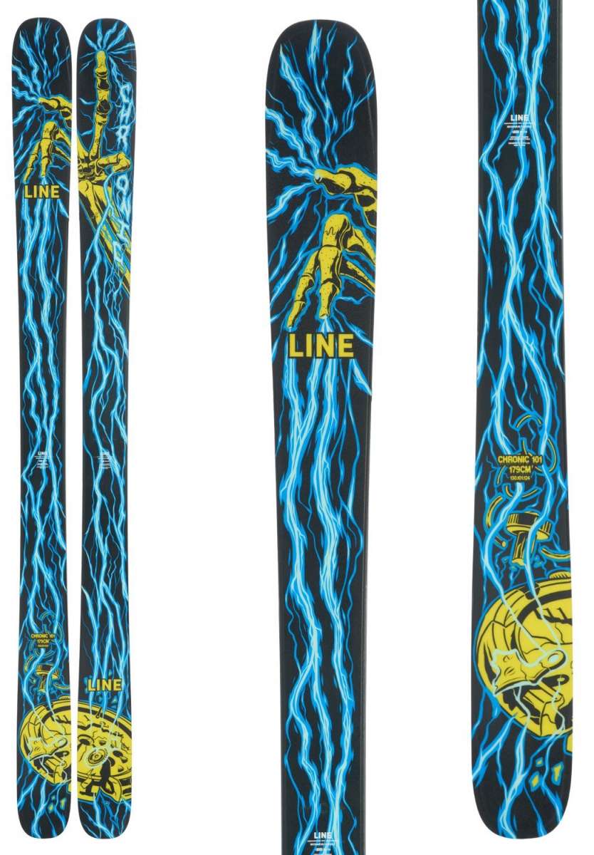 Line Chronic 101 Skis 2024 - Black skis with blue lightning bolt pattern and yellow Line logo.