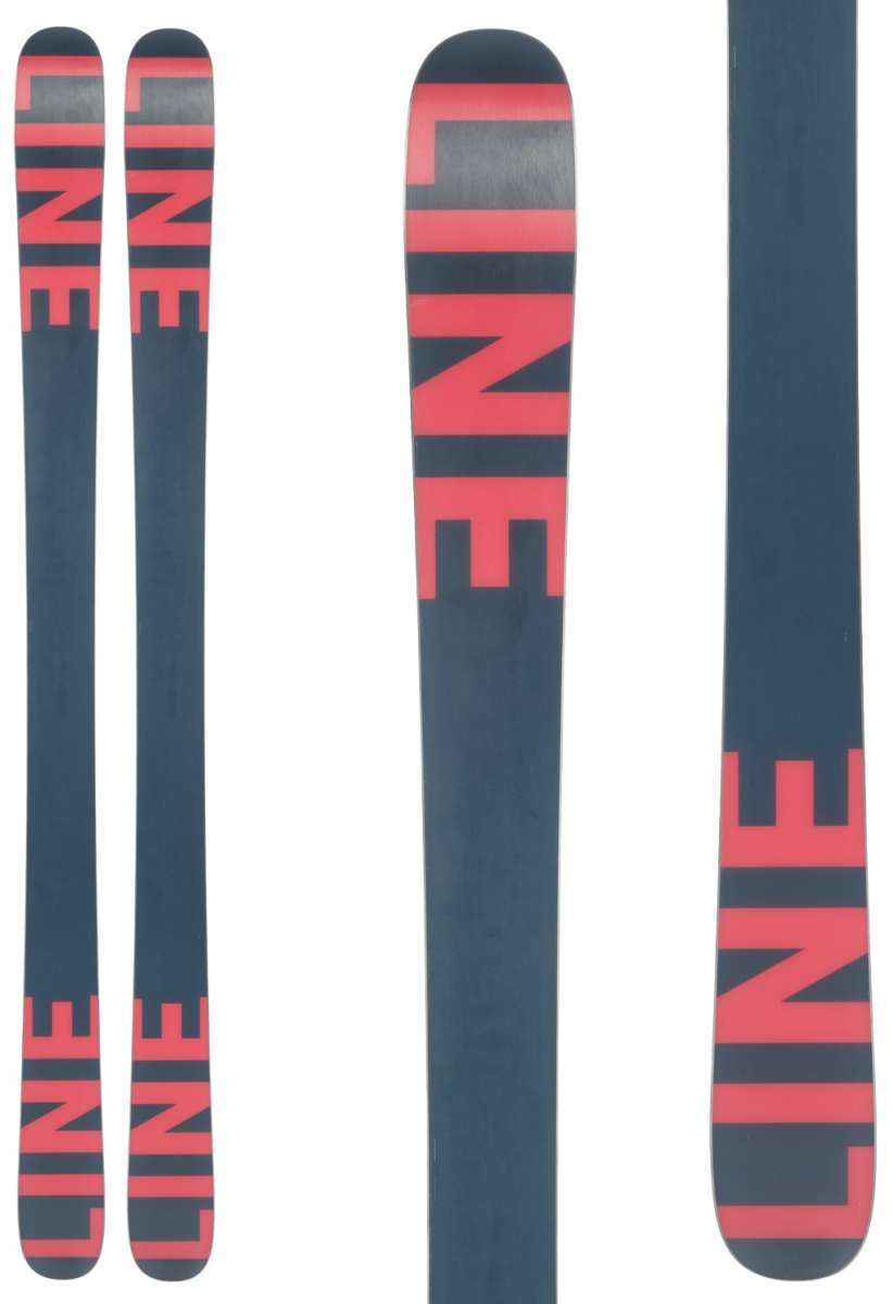 Line Honey Badger TBL Skis 2024 - A pair of skis with a black base and red lettering that reads "LINE" on top.