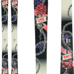 Line Honey Badger TBL Skis 2024 - Black skis with a red rose and chain design, featuring a white banner with "LINE" in red letters.