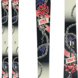 Line Honey Badger TBL Skis 2024 - Black skis with a red rose and chain design, featuring a white banner with "LINE" in red letters.