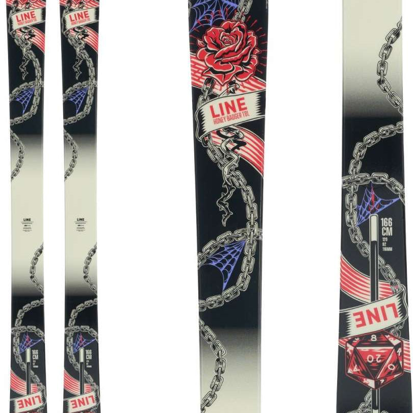 Line Honey Badger TBL Skis 2024 - Black skis with a red rose and chain design, featuring a white banner with "LINE" in red letters.