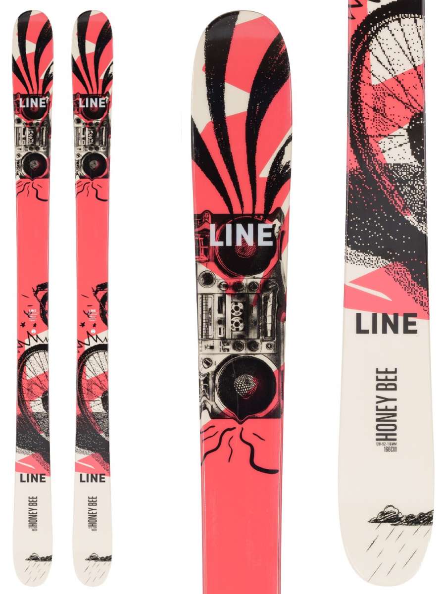 Line Women's Honey Bee Flat Ski 2022-2023 - A pink and black graphic ski with a woman riding a bike on it.
