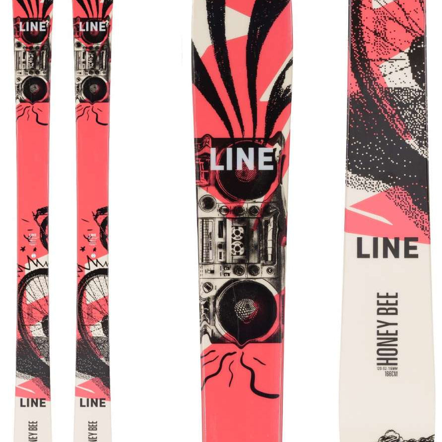 Line Women's Honey Bee Flat Ski 2022-2023 - A pink and black graphic ski with a woman riding a bike on it.