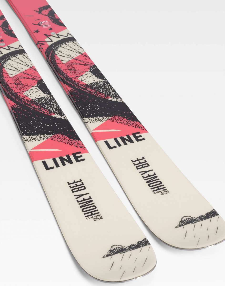 Line Women's Honey Bee Flat Ski 2022-2023 - A pink and black ski with a geometric pattern, featuring a woman in a red dress on the top portion.