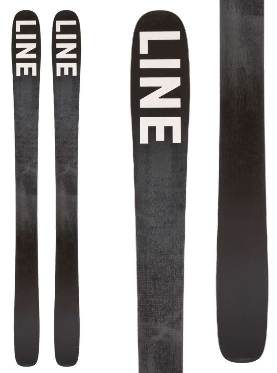 Line Women's Pandora 104 Flat Ski 2022-2023 - A black ski with white lettering on top, featuring the word "LINE" in large block letters.