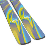 Line Women's Pandora 104 Flat Ski 2022-2023 - A pair of skis with a purple base and yellow accents, featuring a distinctive wavy pattern on the top sheet.