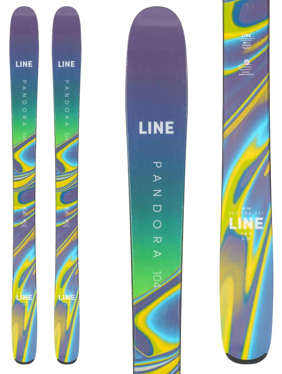 Line Women's Pandora 104 Flat Ski 2022-2023 - A purple, green, and yellow ski with a marbled pattern.