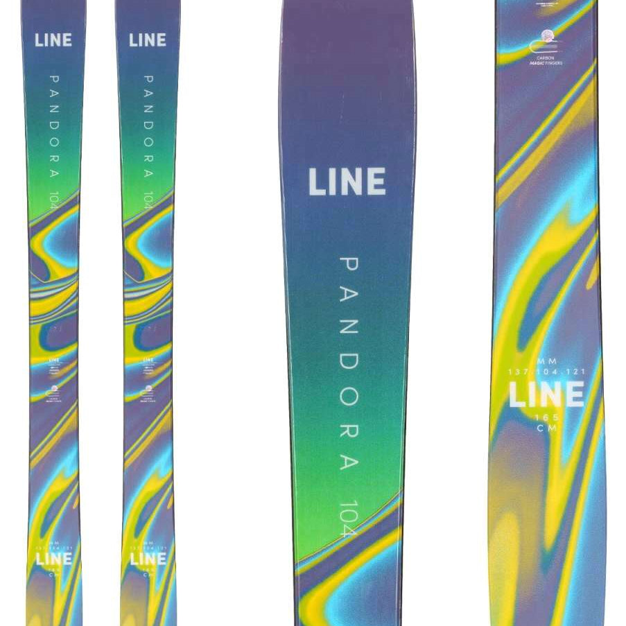 Line Women's Pandora 104 Flat Ski 2022-2023 - A purple, green, and yellow ski with a marbled pattern.