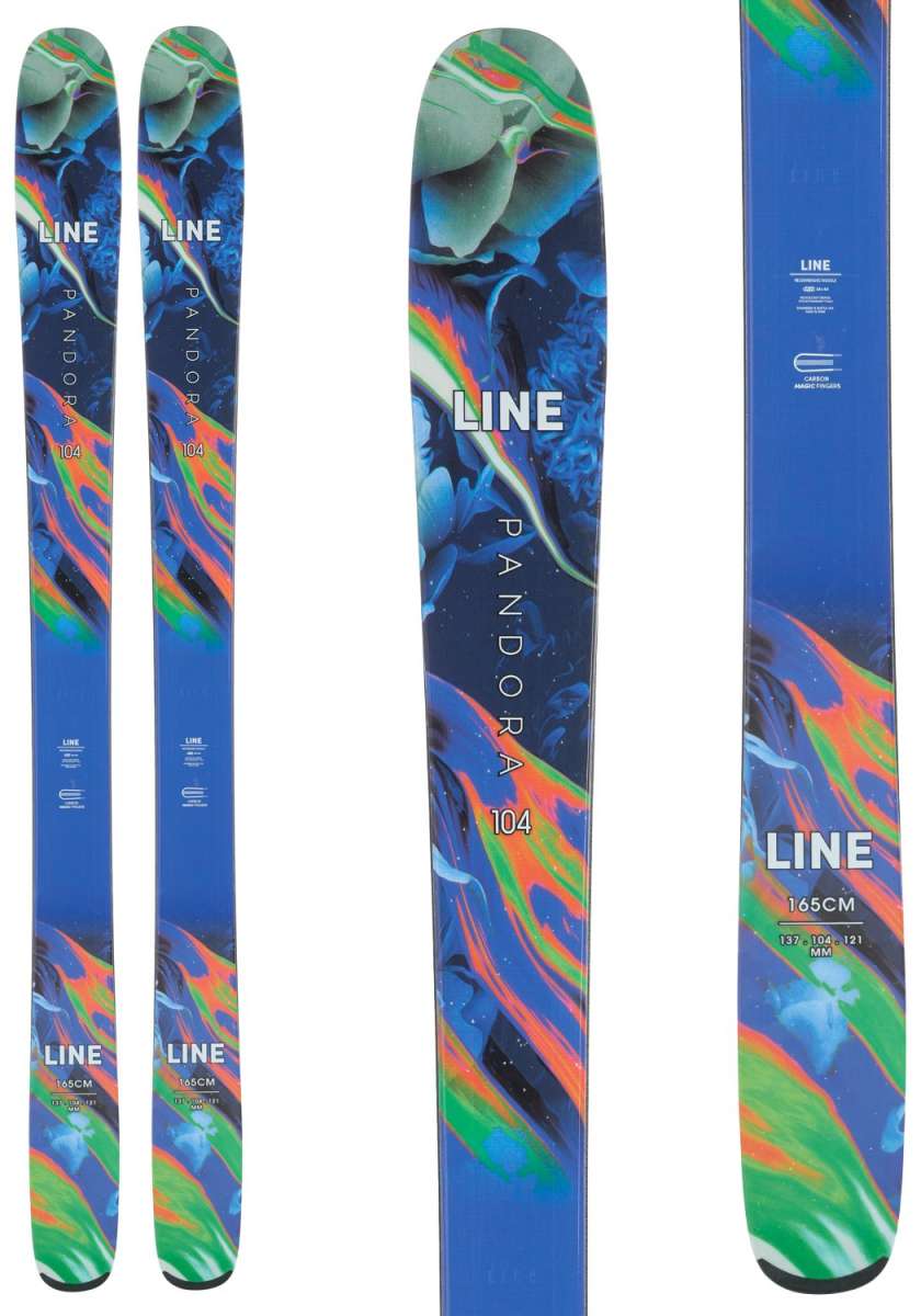 Line Women's Pandora 104 Skis 2024 - Blue skis with a floral pattern and white lettering.