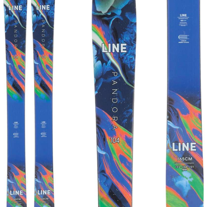 Line Women's Pandora 104 Skis 2024 - Blue skis with a floral pattern and white lettering.