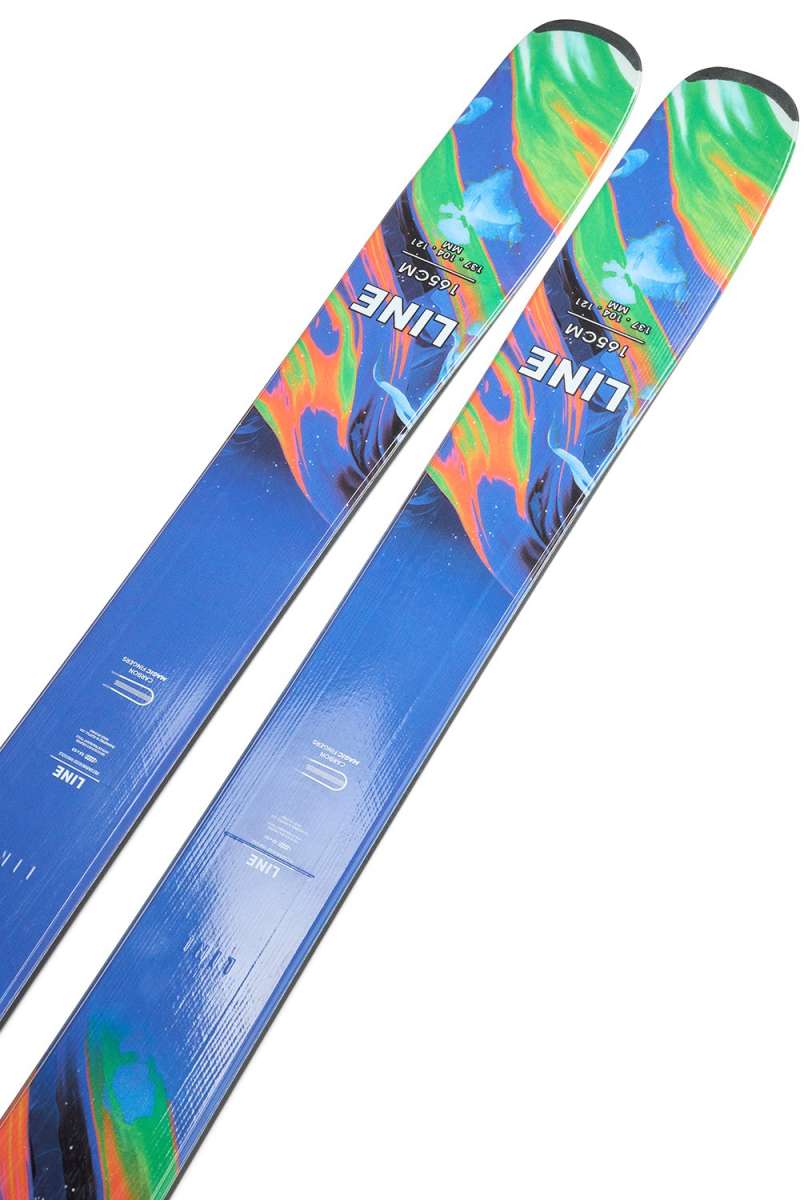 Line Women's Pandora 104 Skis 2024 - Blue skis with a green and orange abstract design on top.