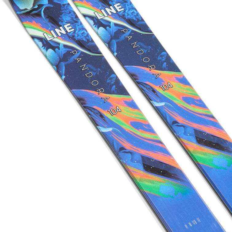 Line Women's Pandora 104 Skis 2024 - Blue skis with a floral pattern and white lettering.