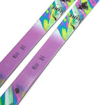 Line Women's Pandora 94 Skis 2024 - A pair of skis with a purple base and a colorful, abstract design featuring green, blue, pink, yellow, and black swirls.