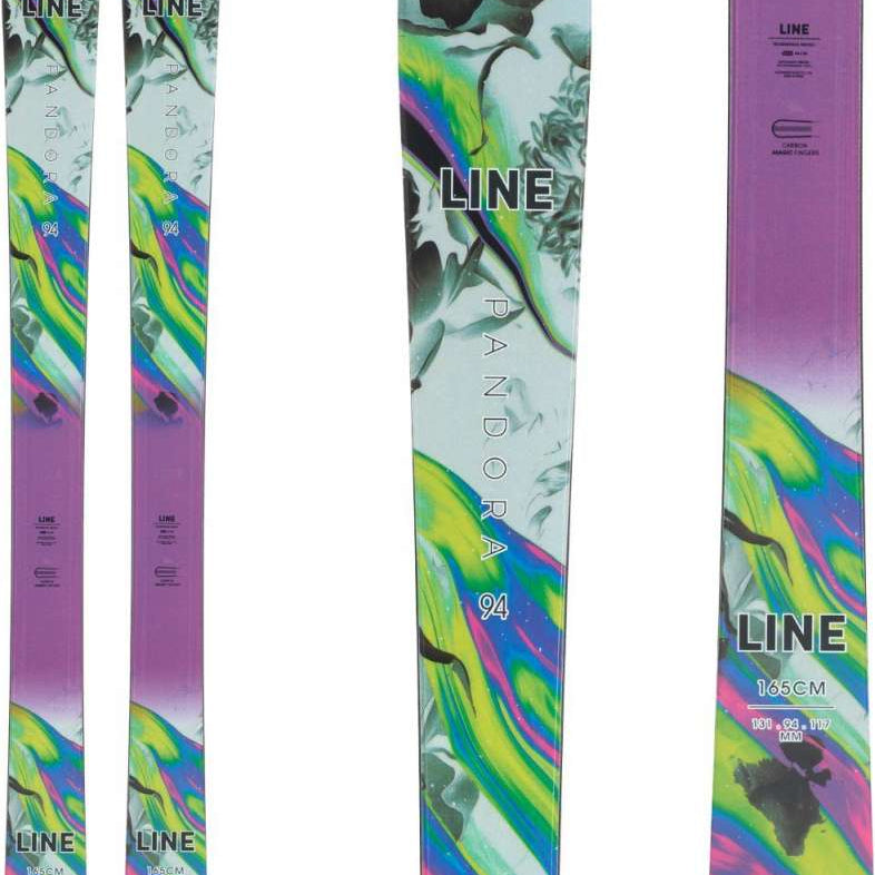 Line Women's Pandora 94 Skis 2024 - White skis with green and blue abstract design on top, purple base.