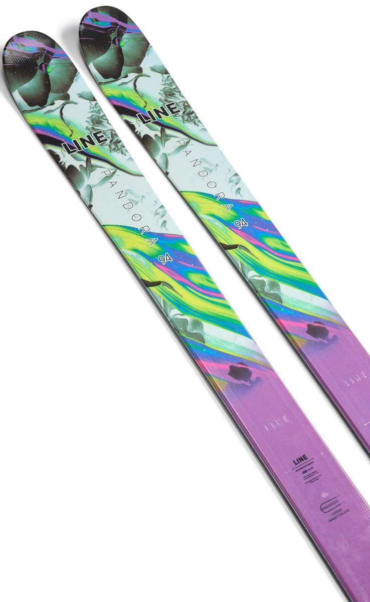 Line Women's Pandora 94 Skis 2024 - White skis with green and blue abstract design on top, purple at bottom.