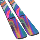 Line Skis Ladies Pandora 84 Flat Ski 2022-2023 - A pair of skis with a purple base and green, yellow, and pink stripes on top.
