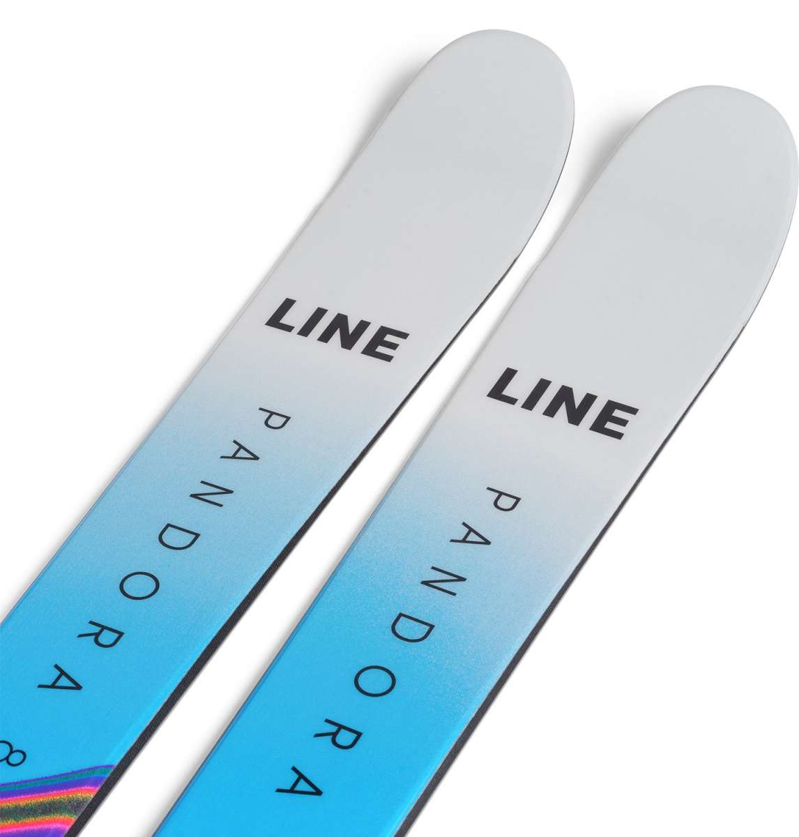 Line Skis Ladies Pandora 84 Flat Ski 2022-2023 - A blue and white ombre ski with a rainbow stripe at the tip.
