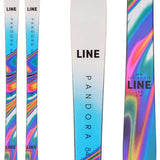 Line Skis Ladies Pandora 84 Flat Ski 2022-2023 - A blue and white ski with a rainbow-colored swirl pattern on the bottom half.