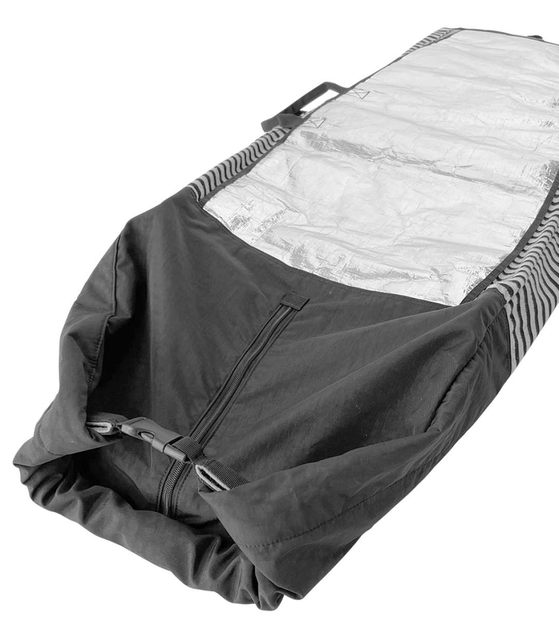 Liquid Force Solar Shield Surf Sock - A white surf sock with a black and grey patterned trim, featuring a zippered opening at one end.