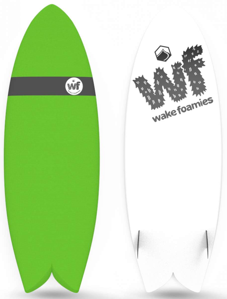 Liquid Force Wake Foamie Fish Wakesurf Board 2023 - A bright green wakesurf board with a textured surface and a gray stripe around its center.