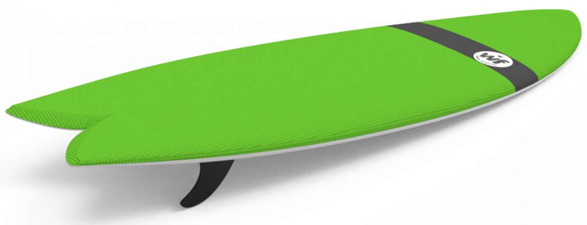 Liquid Force Wake Foamie Fish Wakesurf Board 2023 - A bright green wakesurf board with a textured surface and black fins.