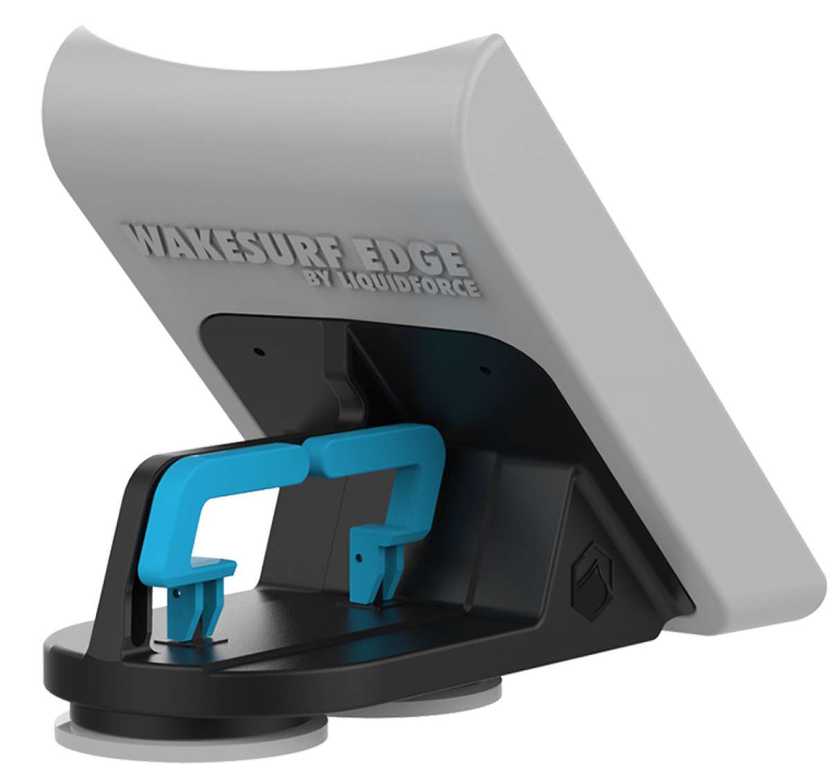 Liquid Force Wakesurf Edge Pro 2 2023 - A gray and black wake surf board with a blue handle on its side.