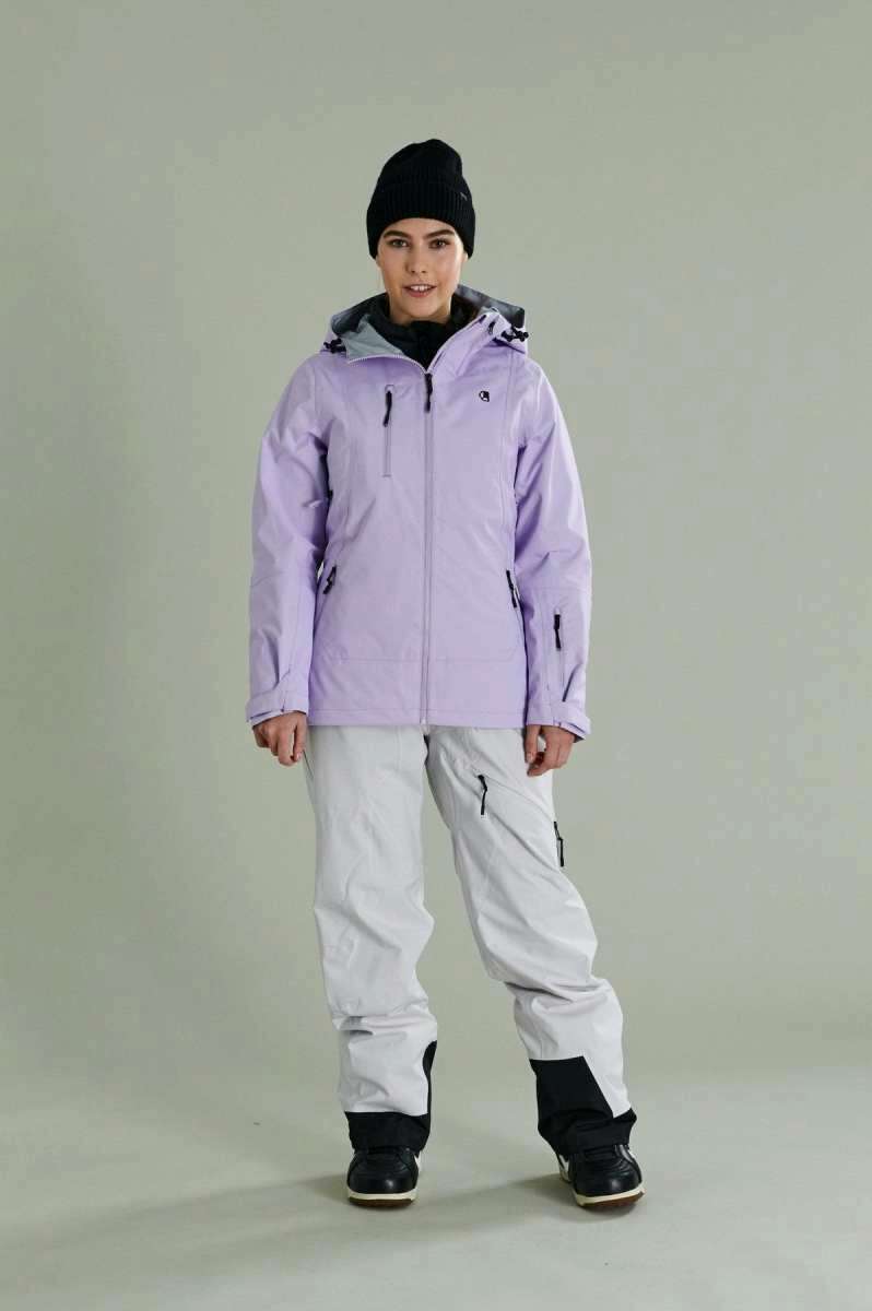 Liquid Women's Atna Pro 3 Layer Jacket - Light purple jacket with black zipper and logo on chest, gray hood lining, and two zippered pockets on front.