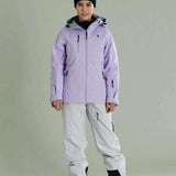 Liquid Women's Atna Pro 3 Layer Jacket - Light purple jacket with black zipper and logo on chest, gray hood lining, and two zippered pockets on front.