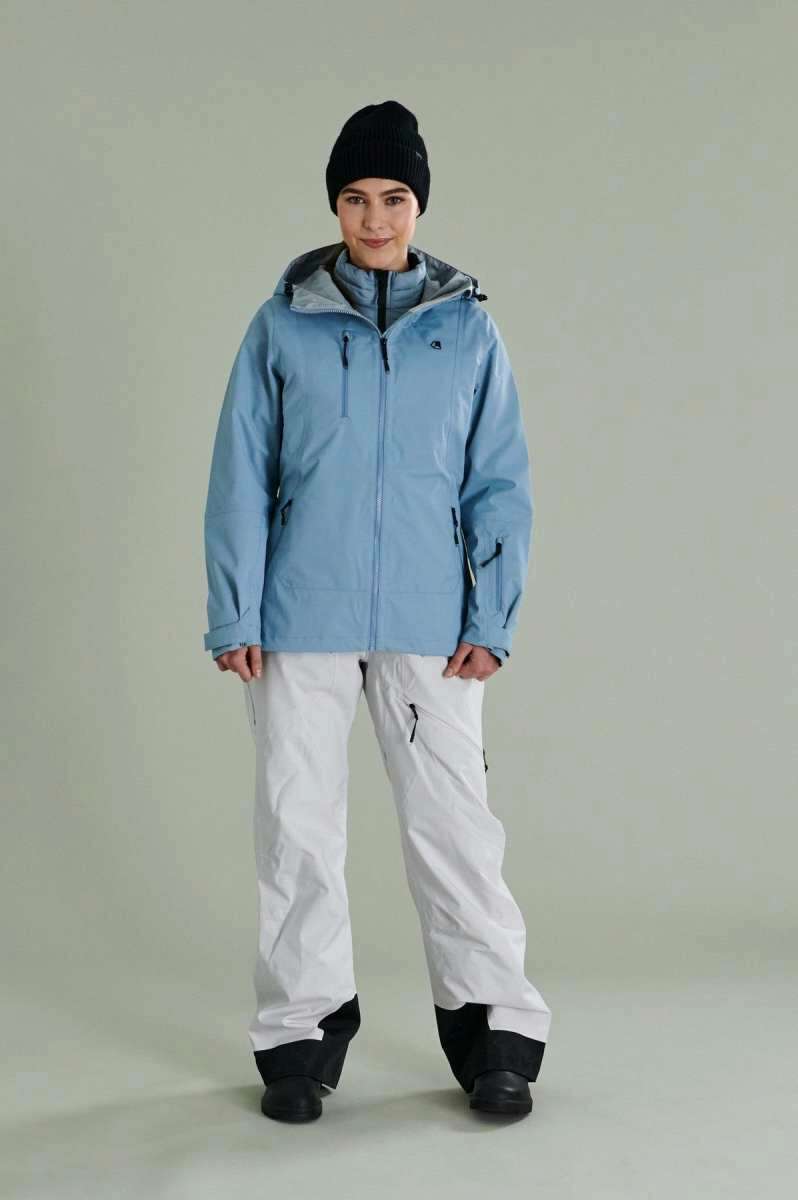 Liquid Women's Atna Pro 3 Layer Jacket - Light blue jacket with black zipper and logo on chest, gray hood lining, and two zippered pockets.