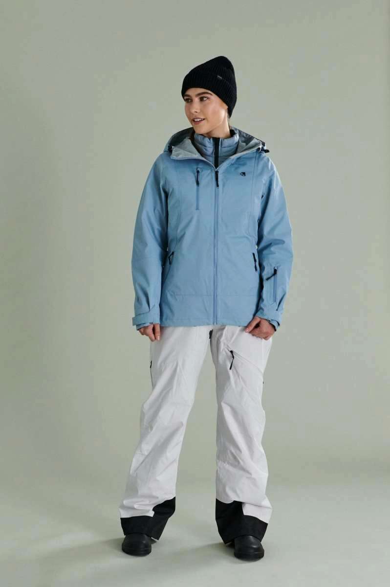 Liquid Women's Atna Pro 3 Layer Jacket - Light blue jacket with black zipper and logo on chest.