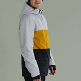 Liquid Maverick Insulated Jacket - A white, black, and yellow jacket with a hood, featuring a zipper closure on the front.