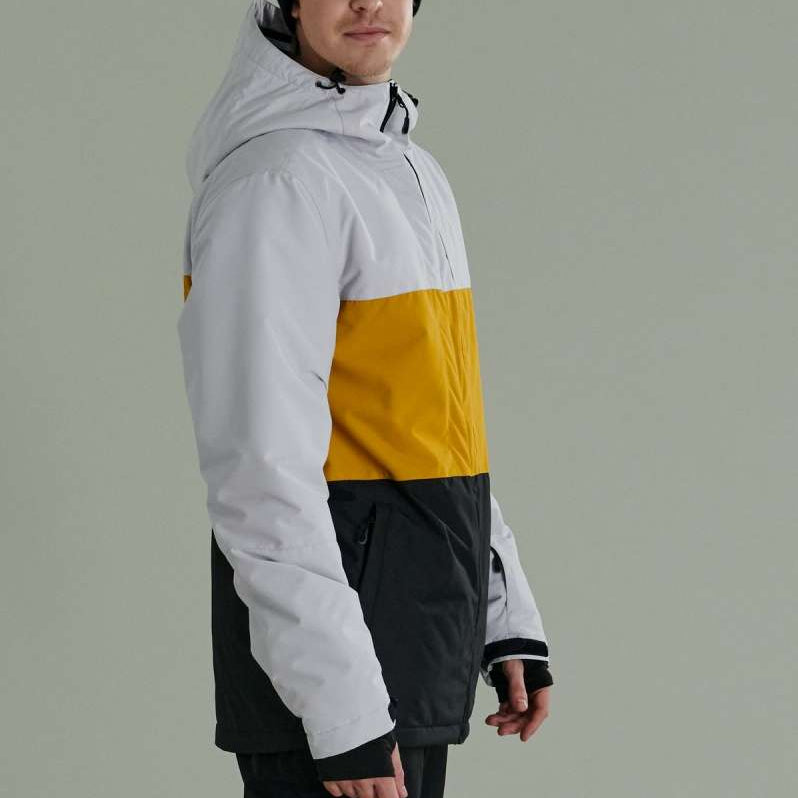 Liquid Maverick Insulated Jacket - A white, black, and yellow jacket with a hood, featuring a zipper closure on the front.