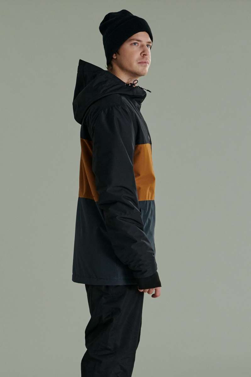 Liquid Maverick Insulated Jacket - A black jacket with a brown stripe across the chest and back, featuring a hood and zippered pockets.